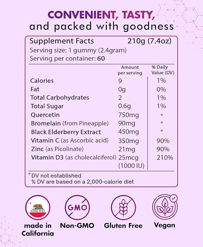 BIO VITALICA (3 Pack) Quercetin Gummies by BioVitalica - Quercetin with Bromelain Vitamin C and Zinc & Elderberry + Vitamin D3-5 in 1 Immune Support - Zinc Quercetin 750 mg for Kids and Adults