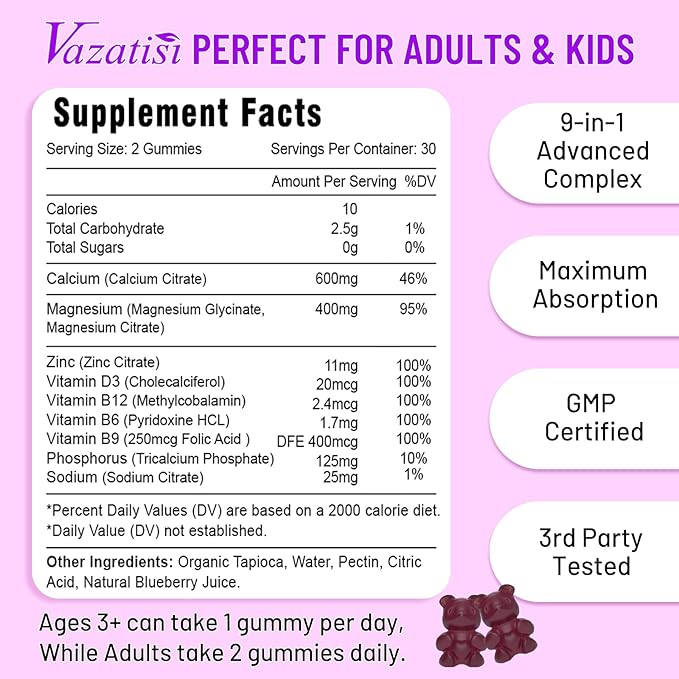 2 Pack Calcium Gummies with Magnesium, Zinc, Vitamin D3 & B12, Calcium Supplements for Women Men, Support Bone, Muscle and Immunity, 120 Vegan Blueberry Flavor Gummies