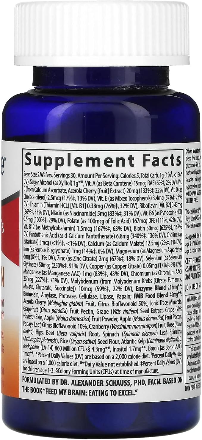 Trace Minerals Children's Feed My Brain - Brain Support Supplement for Kids - Multivitamin for Focus Support with Enzymes, Vitamins & Minerals - Fruit Punch Flavor, 60 Chewable Wafers (30 Servings)