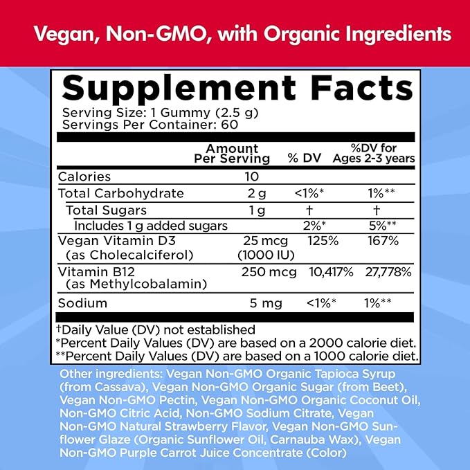 Vitamin D3, B12 Gummies by Dr. Danielle, Vegan Daily Supplement for Adults & Kids, Non-GMO, Vitamin D3 1000 IU & 250 mcg Vitamin B12, 2 Month Supply (60 Gummies)