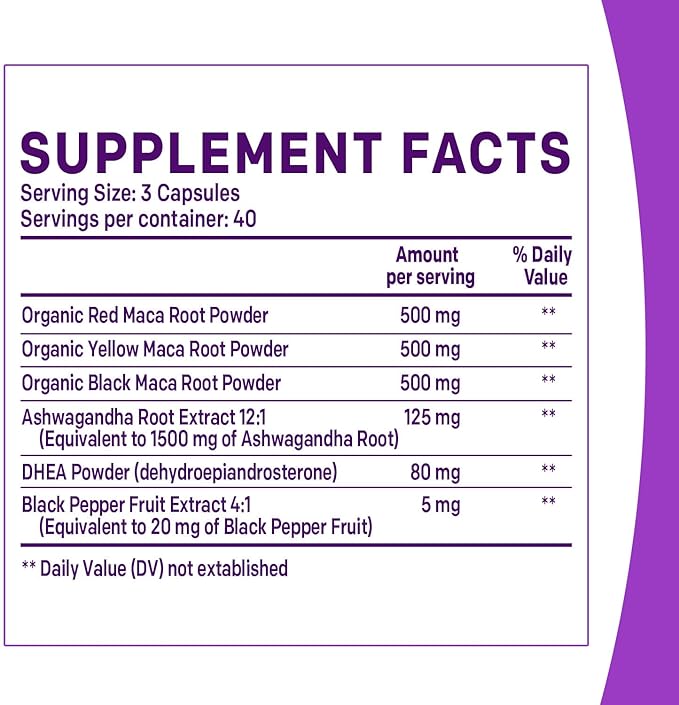 6-in-1 Organic Maca Root & Ashwagandha Capsules 1710mg w/DHEA & Black Pepper Fruit Extract - Maca Root Capsules for Women & Men - Stamina, Bone and Mood Support Supplement,120 Capsules (40 Servings)