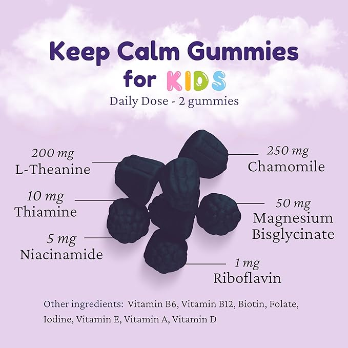 Dr. Klein's Keep Calm Kids Gummies L-Theanine & Chamomile Extract - Supports Focus, Attention, & Alertness of Kids Ages 5+ - Calming Chews Vitamins & Minerals for Kids - Black Currant Sugar-Free 60ct