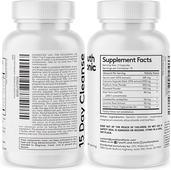 Youth & Tonic 15 Day Cleanse: Gut Health and Colon Detox to Break The Plateau, Helps with Belly Bloat, Regularity, and for Feeling Lighter and More Energized for Men & Women, Made in USA, 30 Pills
