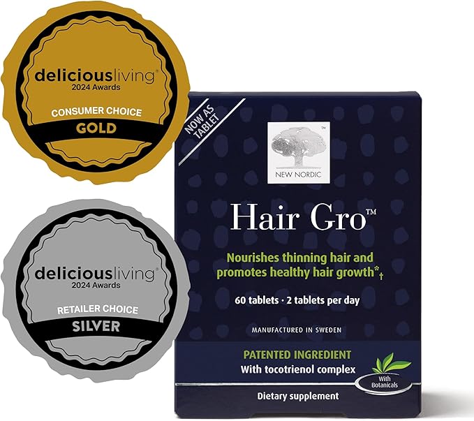 NEW NORDIC Hair GRO, Hair Growth Supplement, Biotin & Palm Fruit Extract Tocotrienols for Natural Regrowth, for Men and Women, 60 Count (Pack of 1)