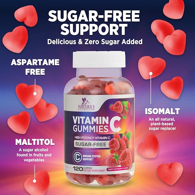 Zero Sugar Vitamin C Gummies - Immune Support & Antioxidant Vitamin Dietary Supplement - Vegan, Non-GMO, Dairy & Gluten Free C Vitamin Gummy - Raspberry Flavor for Kids & Adults - 120 Count Gummies