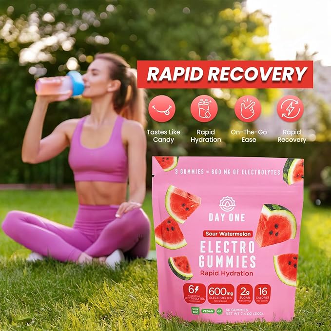 Day One ElectroGummies – Electrolyte Hydration Gummies – Ideal to Boost Hydration & Energy – Supplement for Post & Pre Workout – for Men, Women, Kids – Extra Sour Watermelon Flavored – 60 Gummies