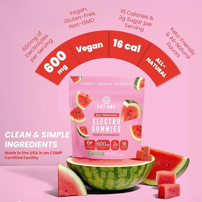 Day One ElectroGummies – Electrolyte Hydration Gummies – Ideal to Boost Hydration & Energy – Supplement for Post & Pre Workout – for Men, Women, Kids – Extra Sour Watermelon Flavored – 60 Gummies