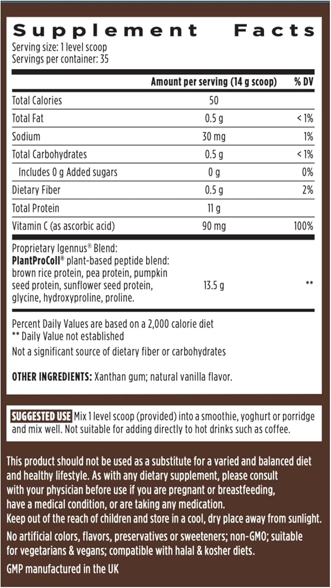Advanced Vegan Vanilla Collagen Peptide Powder, Enhanced with Glycine, Proline & Hydroxyproline & Cofactor Vitamin C, Non GMO, Vegetarian Plant Based Collagen Powder Booster, 140 Servings, by Igennus