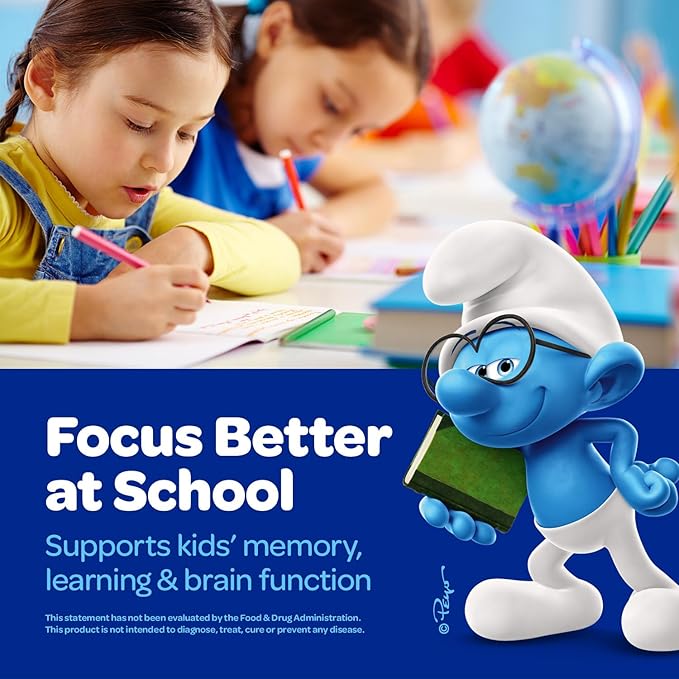 The Smurfs Nootropic Gummies for Kids with Vitamin B12 & L-Theanine | Laser Focus Gummies for Focus and Memory Supplements | Made with Real Fruit in a Smurf Berry | Doctor Developed | 60 Vegan Gummies