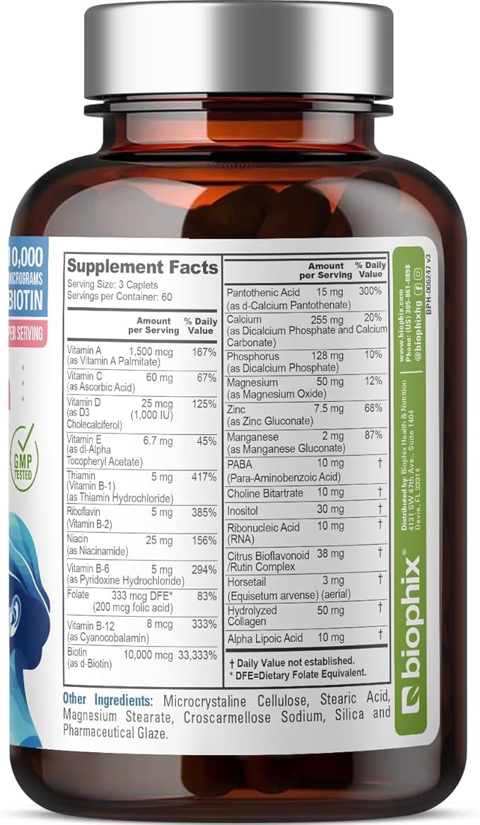 biophix Hair Skin and Nails Complex 180 Caplets with 10,000 mcg Biotin - Multivitamin Supports Strong Nails Beautiful Hair Healthy Aging