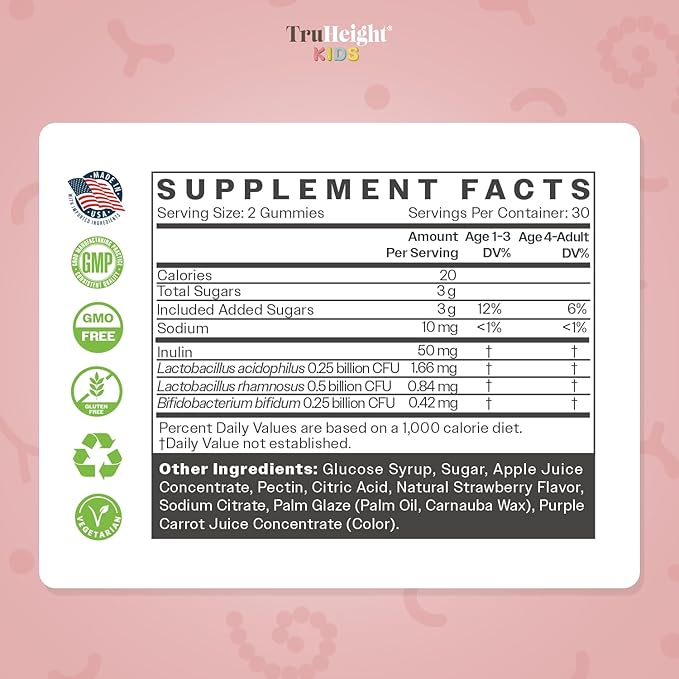 TruHeight Kids Prebiotic & Probiotic Gummies Ages 2+ (Strawberry Flavor) Toddlers & Kids All Natural Supplement for Digestive Health - Endorsed by Pediatricians - Gut & Immune Support, Vegan Vitamins