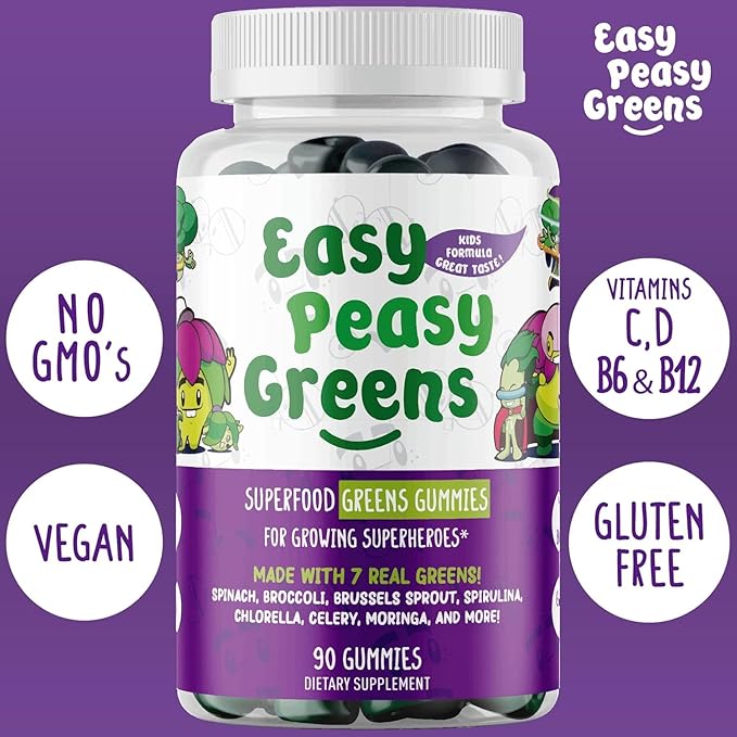 EasyPeasyGreens Daily Veggie Gummies for Kids - 90 Greens Gummies - Helps Picky Eaters Get Their Veggies in - Made with 10 Real Vegetable Extracts and 100% Vegan