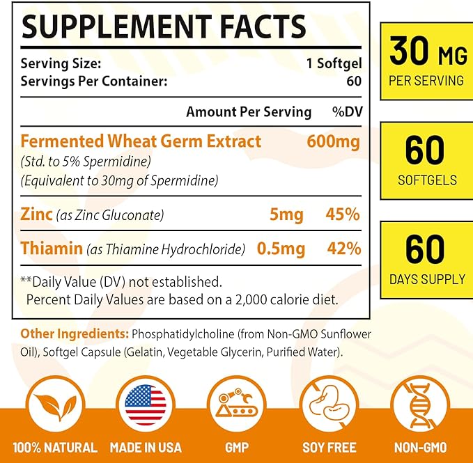 30mg Spermidine Supplement, Liposomal Spermidine, High Absorption, More Potent Than Spermidine 3HCL, Fermented Wheat Germ Extract, Spermidine for Women & Men, Cellular Renewal, Longevity, 240 Softgels