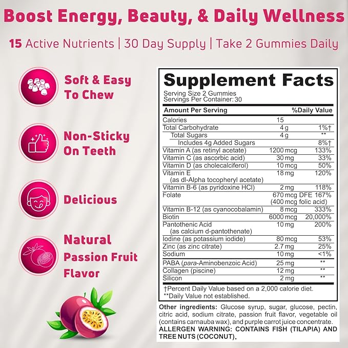 Beauty Multivitamins - Hair Skin and Nails Gummies with 6000mcg Biotin & PABA. Biotin Collagen Gummies w/ Daily Multivitamin for Women & Men. Hair Skin and Nails Vitamins, 30 Servings - Halal Vitamins