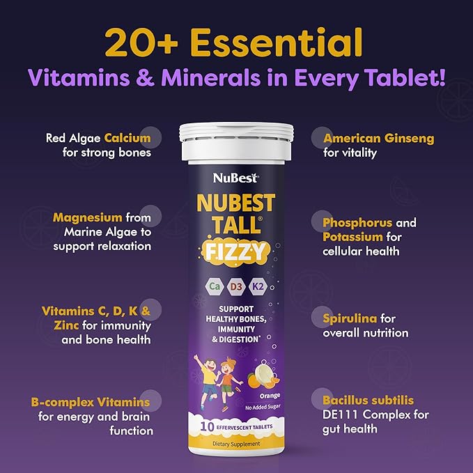 NuBest Tall Fizzy - Bone Strength, Immunity, Digestive Health for Kids & Teens | Probiotic, Calcium, Magnesium from Red Marine Algae, Vitamin D3, K2 & Zinc | 30 Orange Effervescent Tablets - Ages 4+