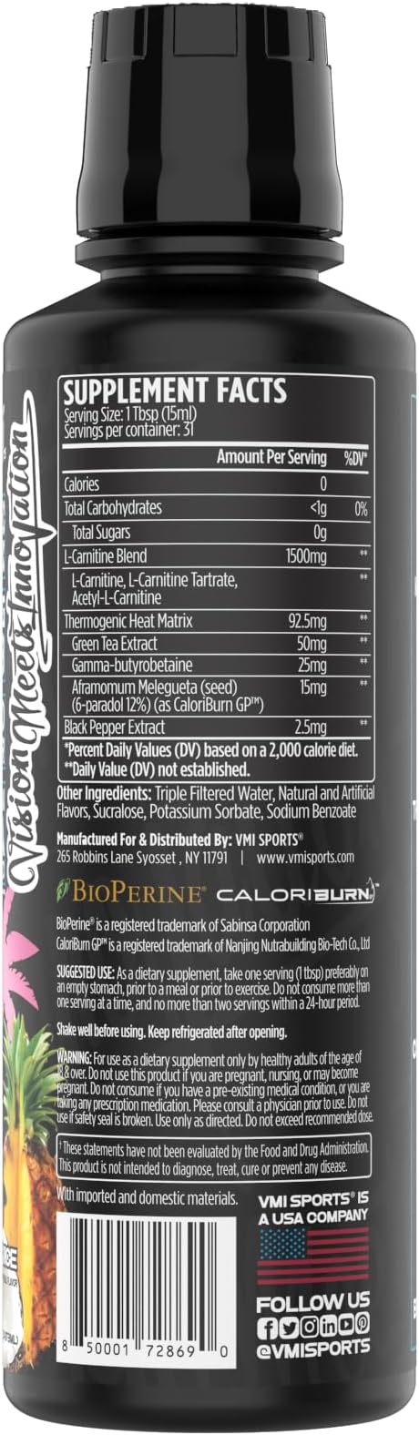 VMI Sports L-Carnitine 1500 Heat Stimulant Free Thermogenic Metabolic Support & Fat Loss for Men & Women | 1500mg L-Carnitine | Convenient Liquid (Miami Vice)