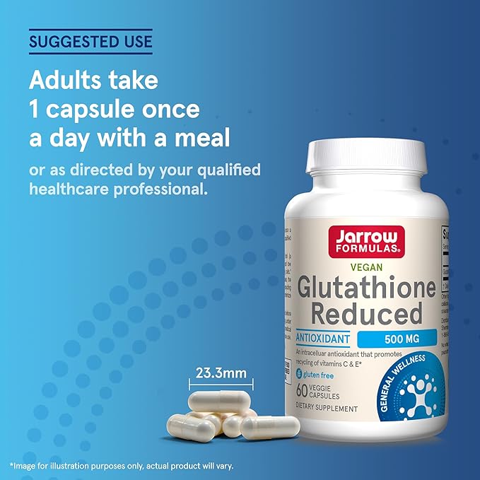 Jarrow Formulas Glutathione Reduced 500 mg - 60 Veggie Capsules - Intracellular Antioxidant - Quality Glutathione Supplements - Supports Recycling of Vitamins C & E - Non-GMO - Gluten Free - Vegan