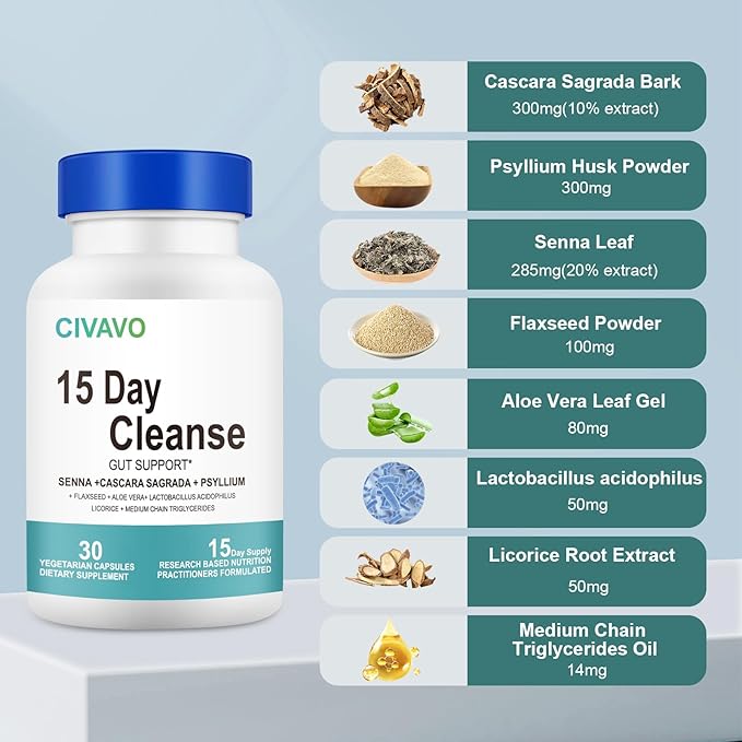 15 Day Gut Cleanse for Women & Men- Gut and Colon Support- Probiotics& Psyllium Husk Cleanse Bowel Dissolving Capsules, Dietary Supplement (30 Capsules)