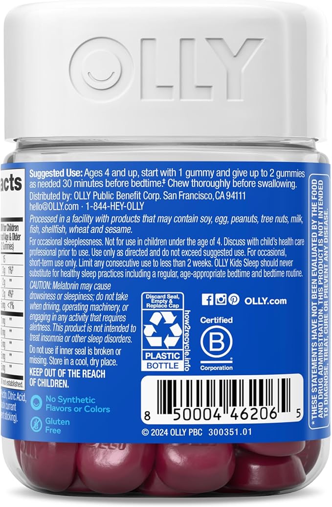 OLLY Kids Sleep Gummy, Occasional Sleep Support, 0.5mg Melatonin, L Theanine, Chamomile, and Lemon Balm, Childrens Chewable Supplement, Raspberry - 50 Count