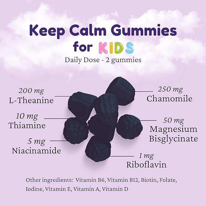 Dr. Klein's Keep Calm Kids Gummies L-Theanine & Chamomile Extract - Supports Focus, Attention, & Alertness of Kids Ages 5+ - Calming Chews Vitamins & Minerals for Kids - Black Currant Sugar-Free 30ct