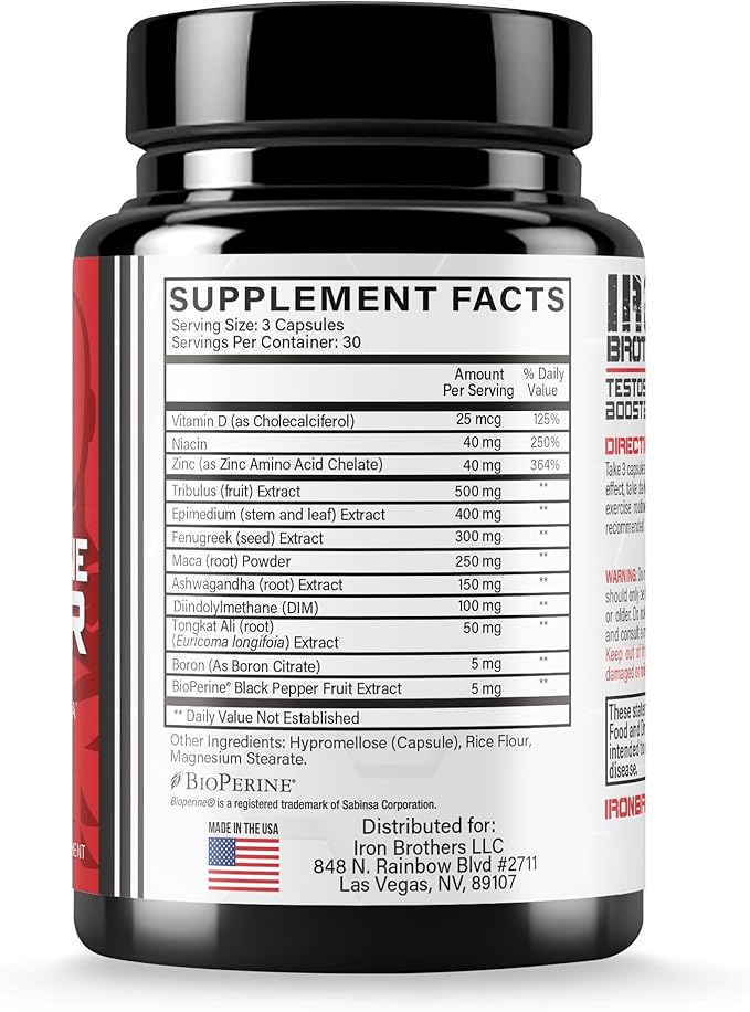 Iron Brothers Supplements Testosterone Booster for Men, 90 Capsules | Testosterone Supplements for Men to Enhance Muscle Growth | Estrogen Blocker | Promotes Fat Loss & Increase Performance - 30 Days