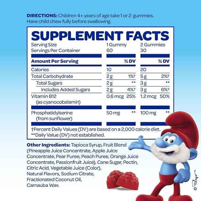 The Smurfs Nootropic Gummies for Kids with Vitamin B12 & L-Theanine | Laser Focus Gummies for Focus and Memory Supplements | Made with Real Fruit in a Smurf Berry | Doctor Developed | 60 Vegan Gummies