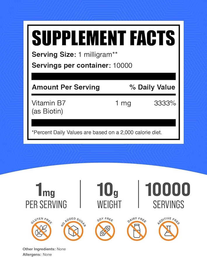 BulkSupplements.com Pure Biotin Powder - as Vitamin B7, Biotin Supplement, Biotin Vitamins for Hair, Skin and Nails - Gluten Free, 1mg per Serving, 10g (0.35 oz) (Pack of 1)