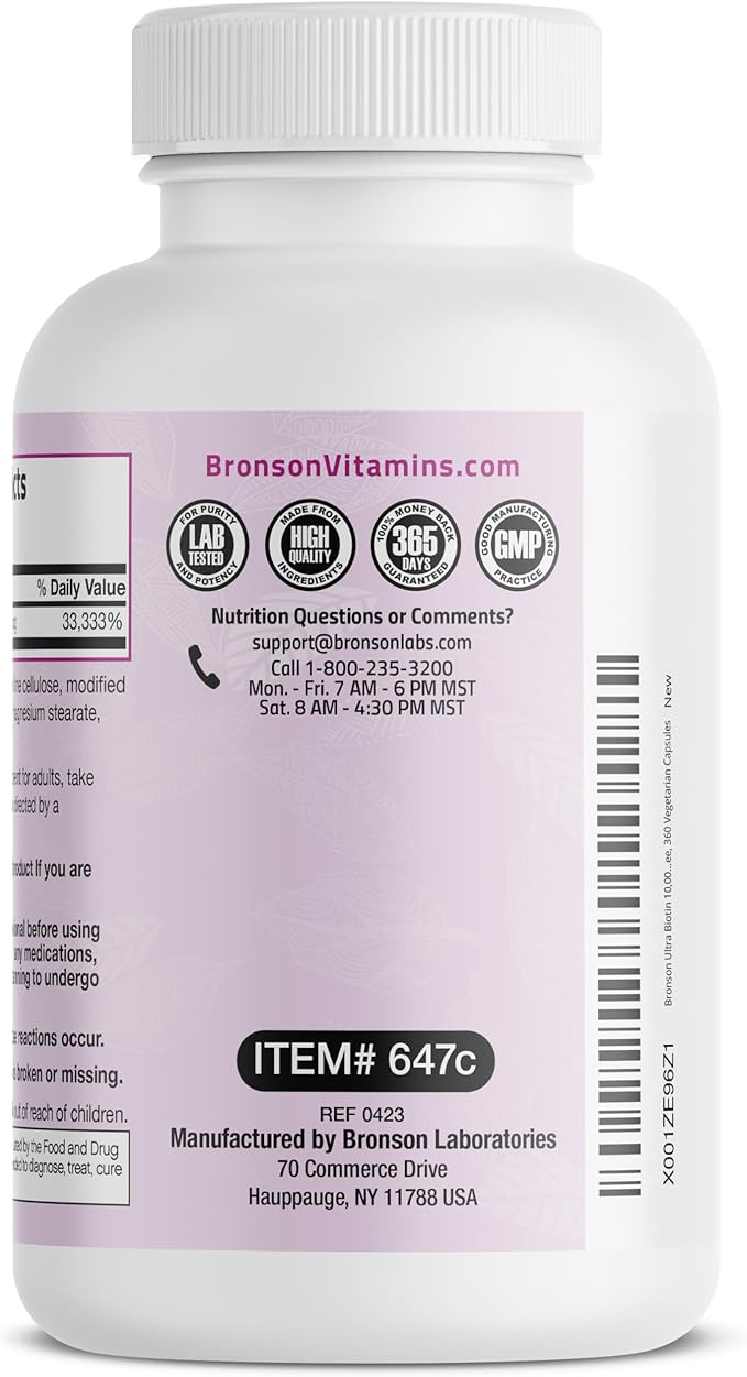Bronson Ultra Biotin 10,000 Mcg Hair Skin and Nails Supplement, Non-GMO, 360 Vegetarian Capsule