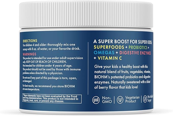 BIOHM Super Kids Superfood Powder + Probiotics - Delicious Berry Blast - 30 Servings - Beneficial Antioxidants & Omega-3 - Gluten Free, GMO Free, Dairy Free, No Artificial Ingredients, Vegetarian