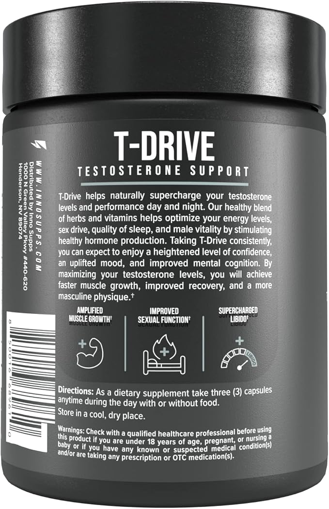 InnoSupps : T-Drive | Testosterone Booster | Amplify Muscle Growth | KSM-66 Ashwagandha, Boron, Fenugreek | 90 Capsules