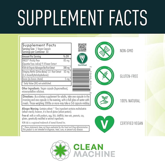 CLEAN MACHINE Cell Block 80 - Natural Vegan Testosterone Support Supplement, Estrogen, DHT & Cortisol Blocker - Prostate Health Supplement with KSM66 Ashwagandha - 60 Veggie caps