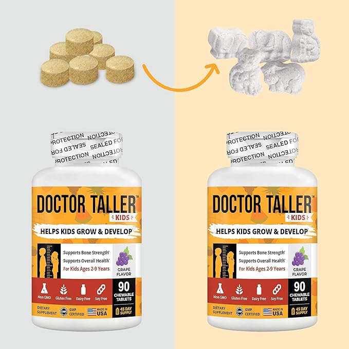 Doctor Taller Kids - Support Height Growth with Multivitamins, Multiminerals, Calcium - Height Growth Formula for Kids Ages 2 to 9 - Grape Flavor - Helps Kids Grow Taller - 12 Pack | 18 Months Supply