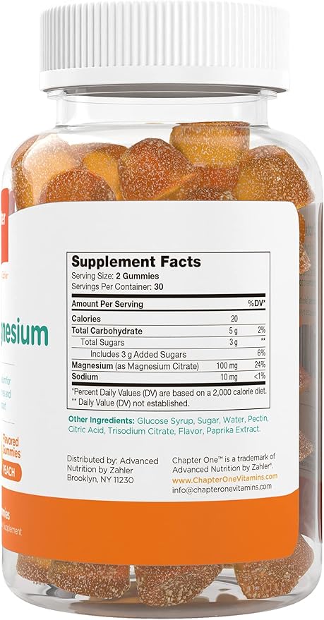 Chapter One Magnesium Gummies, Great Tasting Magnesium for Kids, Calm Kids Magnesium, Magnesium Gummies for Women and Men, Certified Kosher (Peach)