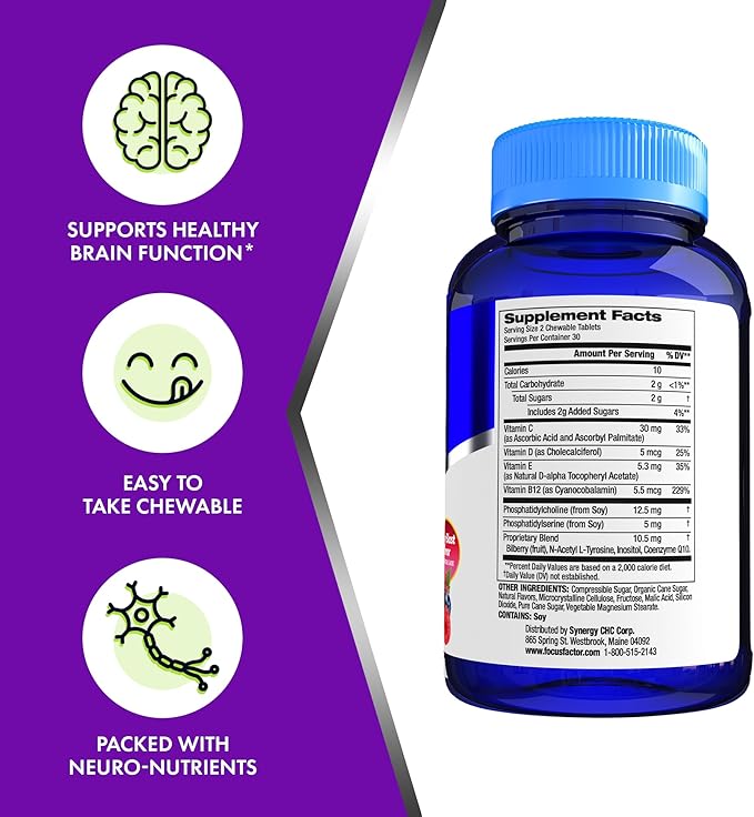 Focus Factor Kids Complete Daily Chewable Multivitamin & Neuro Nutrient Brain Function w/Vitamin B12, C, D3, Berry, 60 Count, Pack of 3
