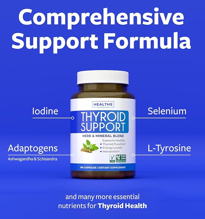 Thyroid Support with Iodine - 180 Capsules (Non-GMO) Improve Your Energy - Ashwagandha Root, Zinc, Selenium, Vitamin B12 Complex - Thyroid Health Supplement for Women and for Men - 90 Day Supply…