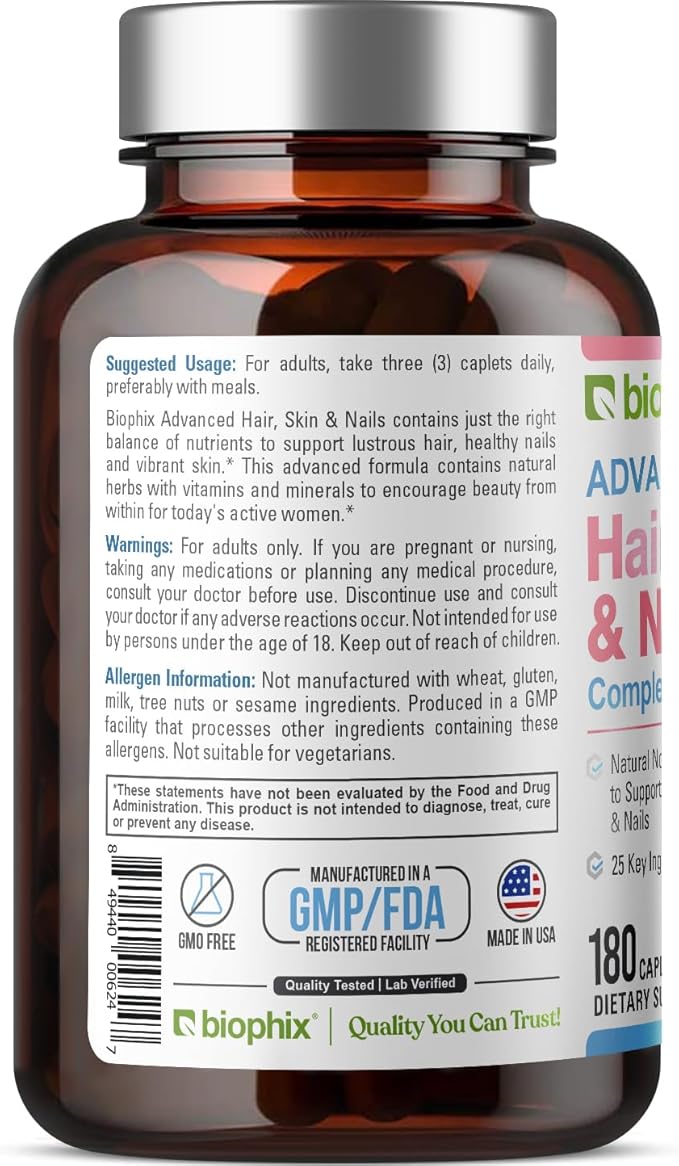 biophix Hair Skin and Nails Complex 180 Caplets with 10,000 mcg Biotin - Multivitamin Supports Strong Nails Beautiful Hair Healthy Aging