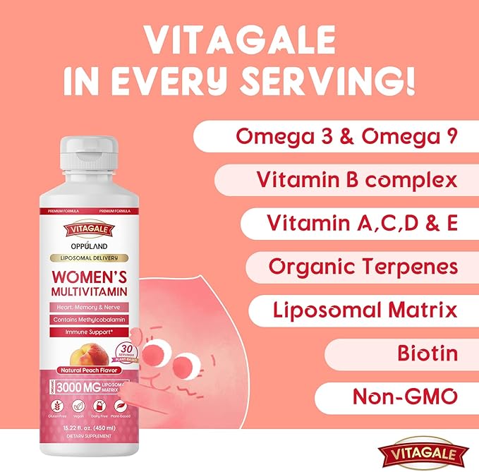 Women’s Multivitamin 450ML of Natural Peach Flavored Supplement Increasing Heart, Memory, and Nervous System, with Omega 3, Liposomal, and 5000MCG of Biotin for Healthy Hair