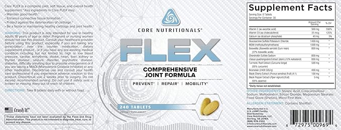 Core Nutritionals Platinum Flex Comprehensive Joint Formula, Promotes Healthy Tendons and Strengthens Cartilage, 240 Tablets