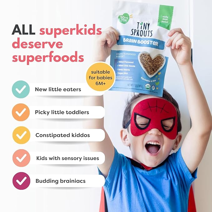 Superseed Organic Milled Chia, Flaxseed and Hemp Heart Brain Booster with Vegan Omega-3 DHA S Prebiotic Fiber Protein Gluten Free Seeds for 6M+ Babies Toddlers & Kids (7oz x 2 Pack)