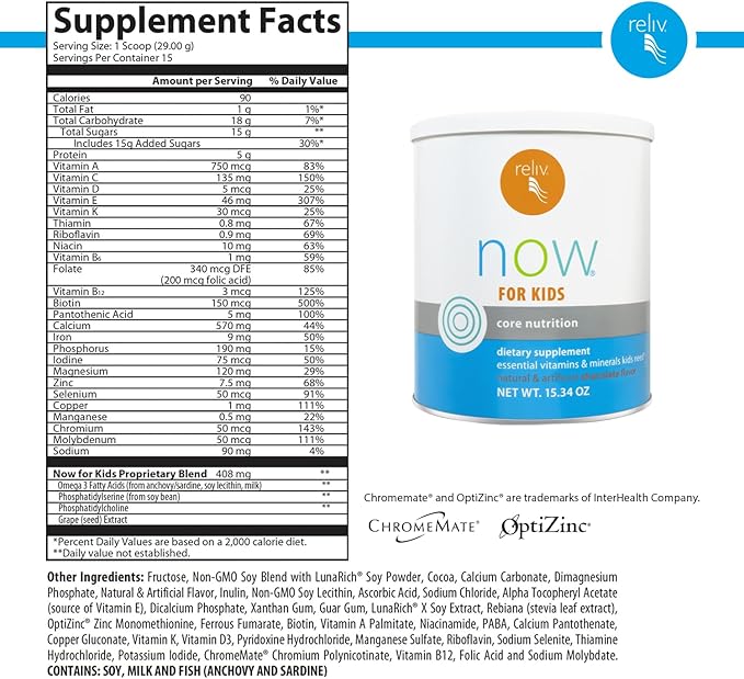 RELIV – Now for Kids – Nutritional Shake That Gives Kids Lasting Energy. Includes Essential Vitamins and Minerals with a Blend of Carbohydrates and Protein. 15 Servings – Chocolate