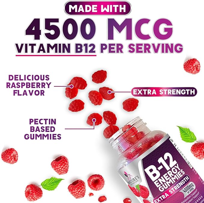 Vitamin B12 Energy Gummies - Extra Strength 4500mcg Chewable for Energy & Nervous System Health Support, B-12 Complex Gummy Vitamin for Women, Men, Kids - Non-GMO, Vegan, Berry Flavor - 120 Gummies