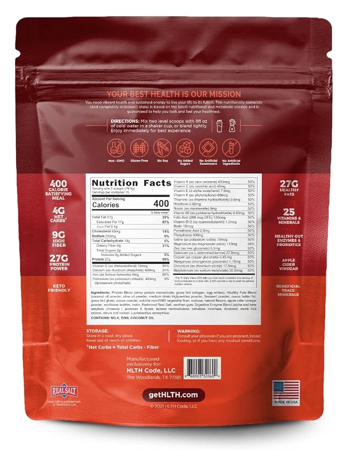 HLTH Code Complete Meal Replacement Shake - Healthiest Meal Replacement = Healthiest You | Keto Friendly | High Protein | Low Carb | Collagen | Gluten Free | Chocolate Macadamia (15 servings)