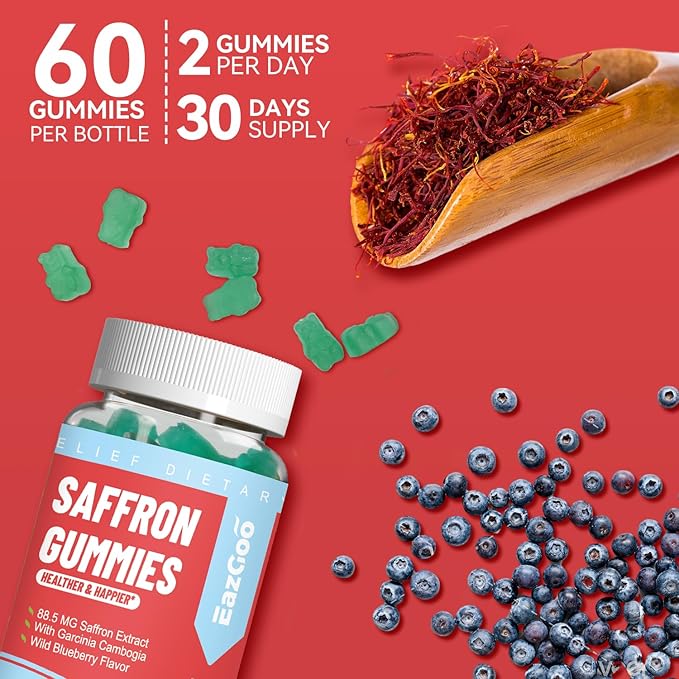 Saffron Supplements Gummies, Saffron Extract for Positive Mood & Calm Nerve, Boost Energy, with Garcinia Cambogia, Vitamin A, B12, Rhodiola Rosea - 60 Gummies