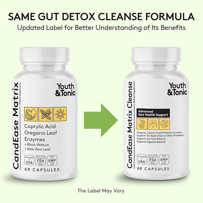 Youth & Tonic CandEase Cleanse Matrix – Overgrowth Support & Gut Health, Intestinal Flora Balance & Body Detox Complex with Oregano, Caprylic Acid, Digestive Enzymes, Probiotics, 60 Pills, Women & Men