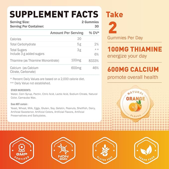 Vitamin B1 Gummies 100mg for Adults & Kids, Thiamine B1 Supplement with 600mg Calcium, Nervous System Supports & Boost Energy, Orange Flavor, Non GMO, Vegan, 60 Chewable Gummies
