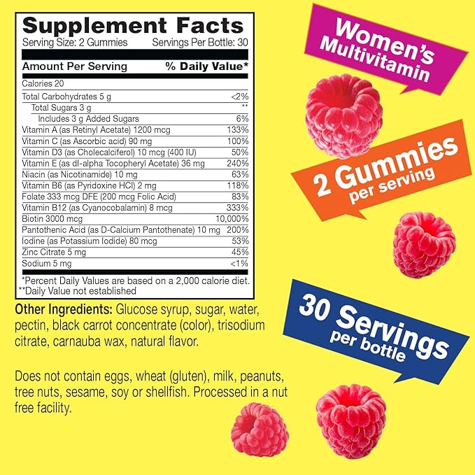 Womens Multivitamin Gummy - Overall Health and Well Being - Multivitamin for Women with Biotin (3,000 mcg), Zinc, B Vitamins and Folic Acid - Women Multivitamin Gummy - Raspberry Flavor - 60 Count