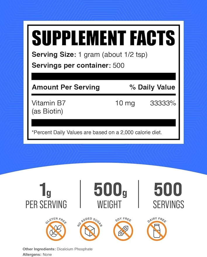 BulkSupplements.com Biotin 10000mcg Powder - Biotin Powder, Biotin Vitamins for Hair, Skin and Nails - as Vitamin B7, Gluten Free, 1000mg per Serving (10mg Biotin), 500g (1.1 lbs) (Pack of 1)