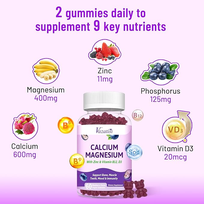 2 Pack Calcium Gummies with Magnesium, Zinc, Vitamin D3 & B12, Calcium Supplements for Women Men, Support Bone, Muscle and Immunity, 120 Vegan Blueberry Flavor Gummies
