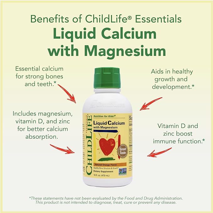 ChildLife Essentials Liquid Calcium Supplement for Kids - Baby Calcium with Magnesium, Zinc, and Vitamin D3 - Orange Flavor, 16 fl oz (3 Pack)