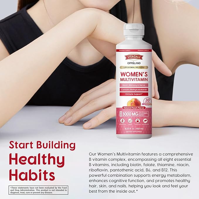 Women’s Multivitamin 450ML of Natural Peach Flavored Supplement Increasing Heart, Memory, and Nervous System, with Omega 3, Liposomal, and 5000MCG of Biotin for Healthy Hair